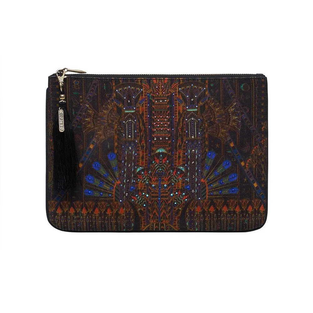 CAMILLA “Gateway to Giza” Egyptian Cleopatra print canvas clutch bag sac